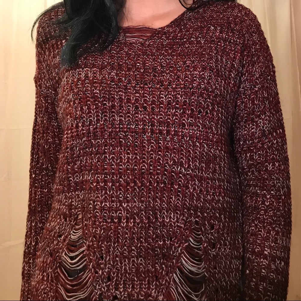 Rugged/ripped asymmetrical maroon sweater